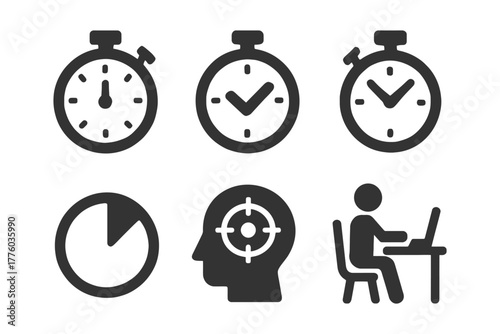 Time management icons: stopwatches and productivity symbols for effective planning.