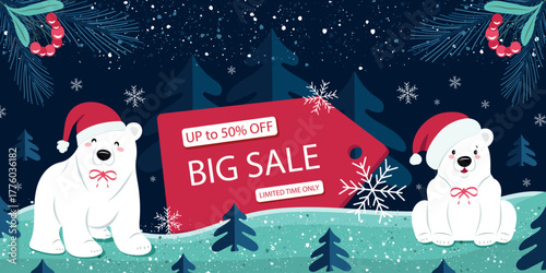 Holiday winter banner of a big sale with cute white bears in Santa's hat. Vector design.