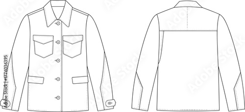 Classic men’s jacket technical flat sketch, button front outerwear design, professional CAD fashion vector illustration for apparel designers and garment production