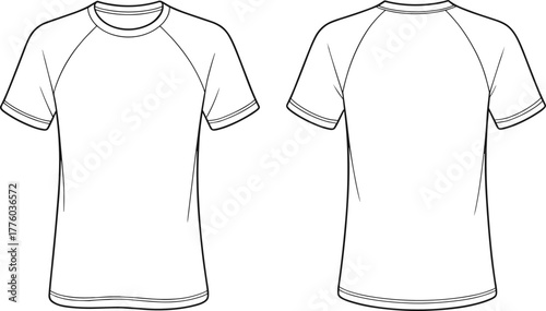 Classic short sleeve t-shirt technical flat sketch, fashion CAD vector illustration, front and back view, casual unisex apparel design template
