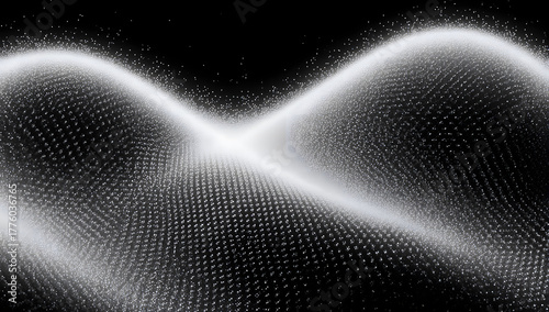 Digital Waveform: An abstract representation of a wave pattern, characterized by its luminous, shimmering qualities, against a stark black backdrop.