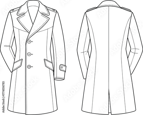 Classic trench coat technical fashion flat sketch, stylish long overcoat design illustration, CAD garment drawing front and back view, vector template