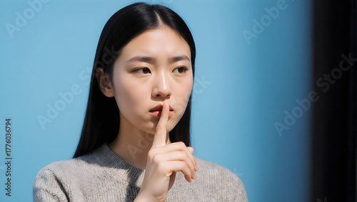 Quiet Contemplation: A woman, finger pressed to her lips, communicates a moment of tranquility and silent consideration. The azure background serves as a canvas for her subtle expression