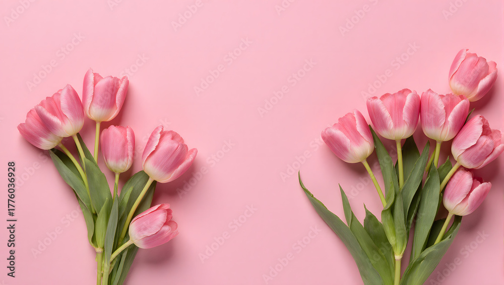 Fototapeta premium Blossoming Tulips' Harmony: A vibrant arrangement of delicate pink tulips blooms gracefully, set against a soft and pastel backdrop, creating a sense of floral elegance.