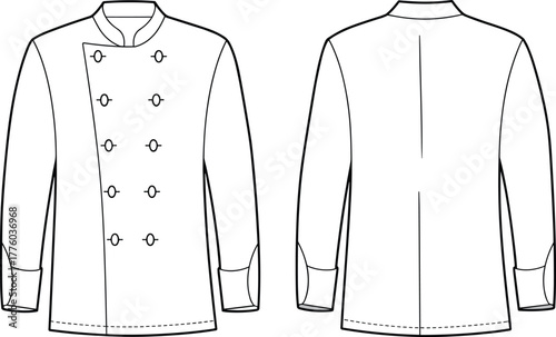 Cad drawing flat vector illustration, chef coat technical sketch, kitchen uniform fashion design, double breasted jacket template, culinary workwear outline
