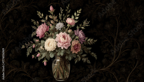 Elegant Floral Arrangement: A delicate arrangement of vibrant blooms, carefully composed in a transparent vase against a dark, ornate backdrop.