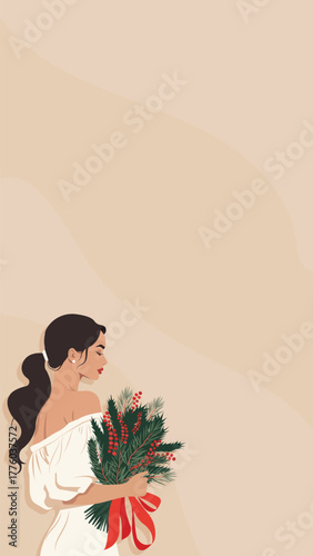 Elegant woman with winter bouquet of pine and red berries on beige background. Minimal vertical vector illustration for holiday design, fashion branding, social media or greeting cards.