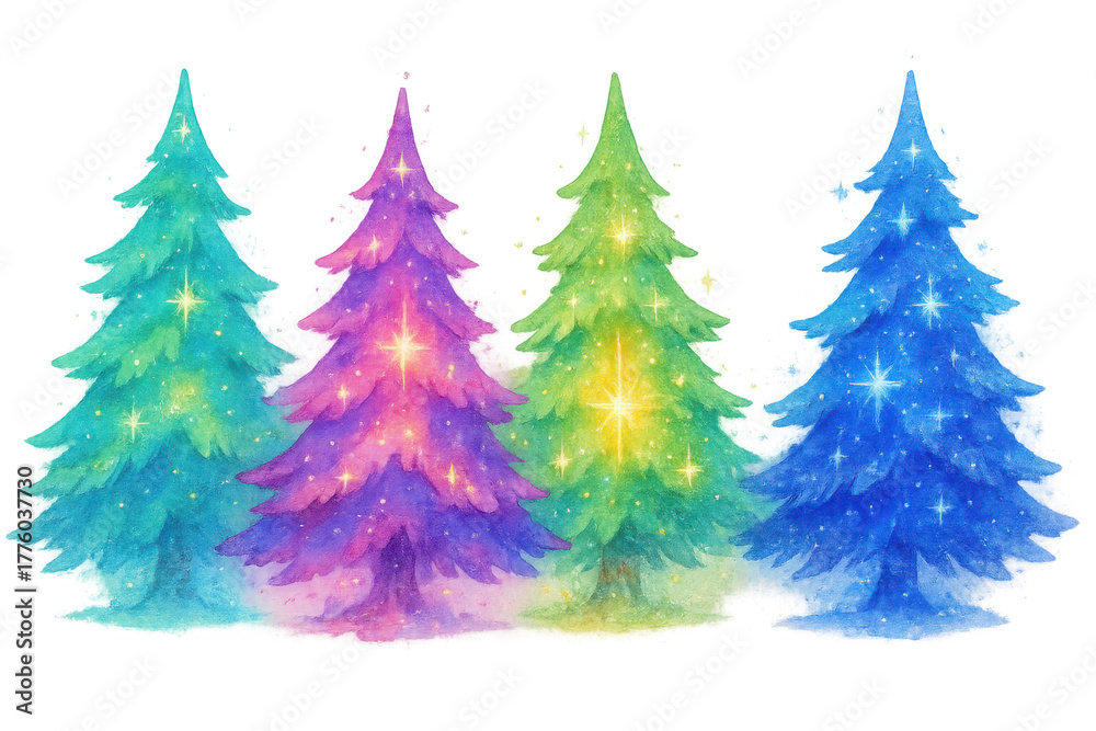 Obraz premium Christmas trees set on transparent background, colorful watercolor illustrations of glowing festive elements