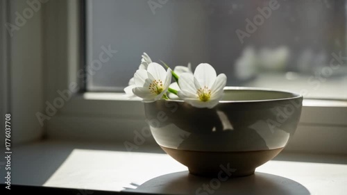 White Cosmos Flowers in Ceramic Bowl by Window, Soft Light, Still Life Video