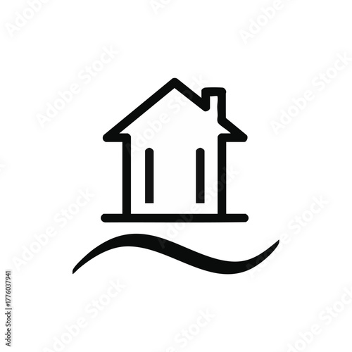 A clean, modern line art icon illustrates a residential house structure positioned above a stylized wavy element, representing property, flood risk, or home insurance concepts.