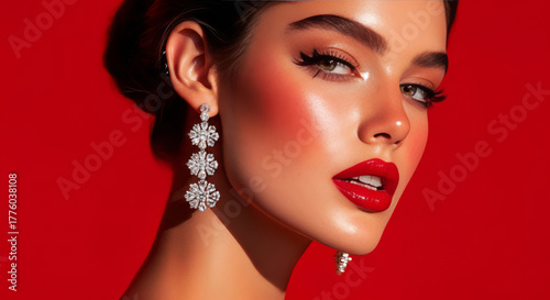 high fashion beauty portrait of woman with red lips and diamond earrings on crimson background