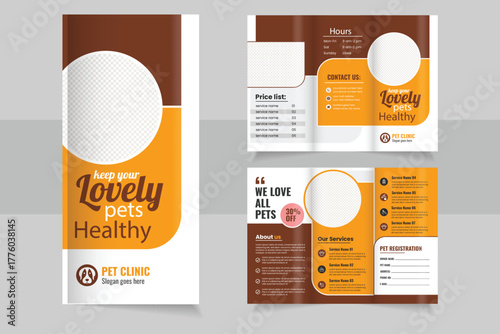 Pet care services trifold template design. yellow red color Pet clinic and shop brochure