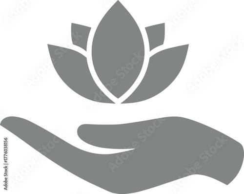 Monochrome lotus in hand vector, minimalist wellness symbol, upward palm icon, spiritual care graphic, meditation and healing illustration