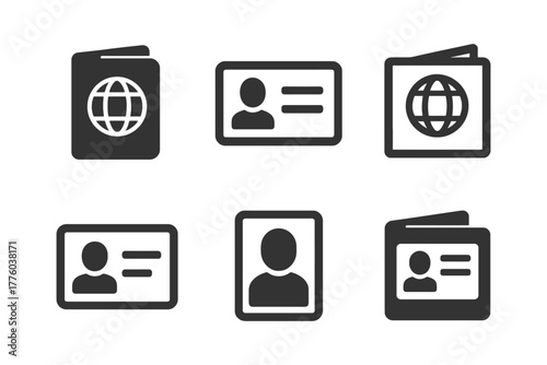 Identification icons featuring passport and id cards in simple black design.