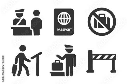 Travel and customs icons: passport, security, luggage check, prohibition signs.