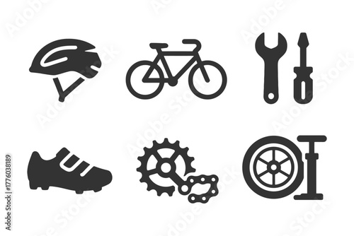 Bicycle gear icons: helmet, bike, tools, shoe, chain, wheel, pump.
