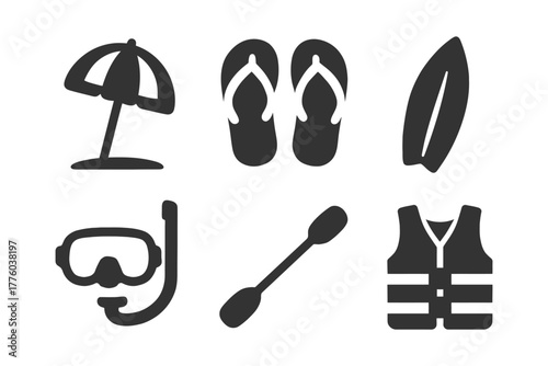 Essential beach icons set: umbrella, flip-flops, surfboard, snorkel, paddle, life jacket.