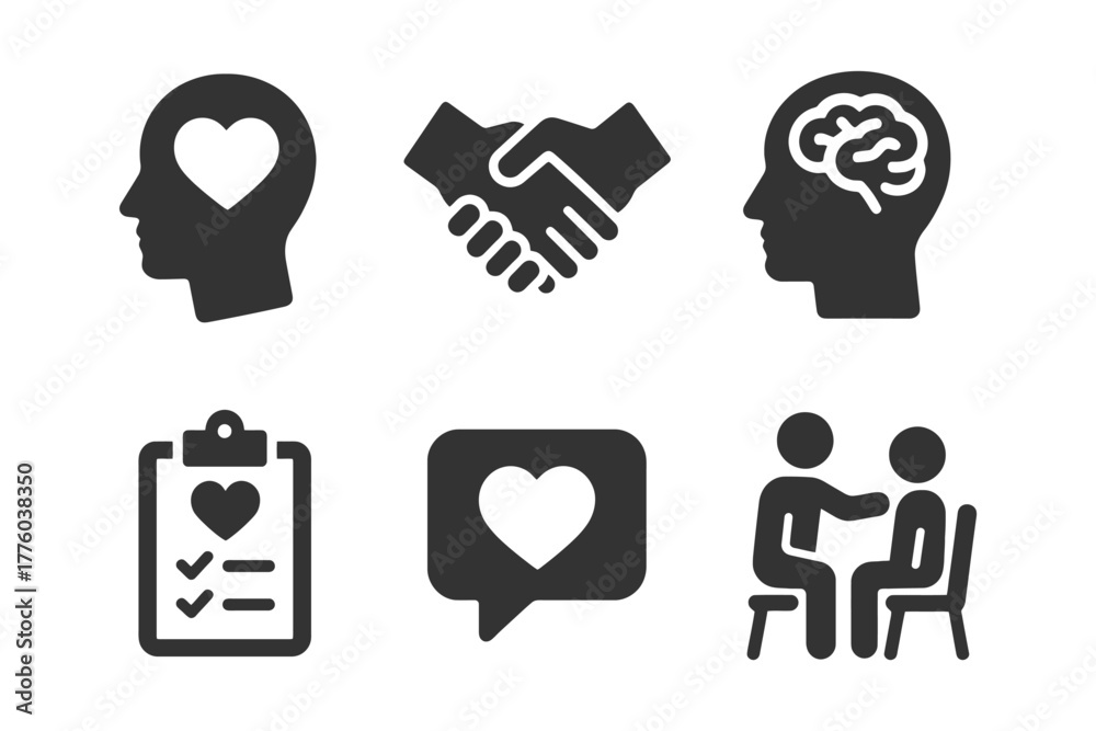 Fototapeta premium Icons representing mental health, communication, and empathy concepts.