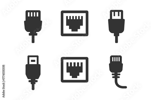 Collection of computer connector icons featuring ethernet and usb ports.