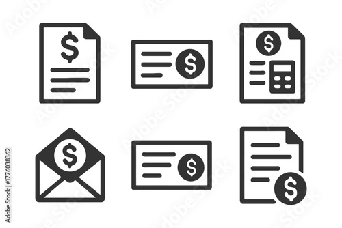 Financial document and payment icon set with dollar symbols.
