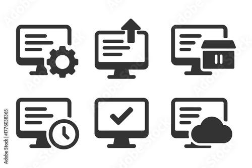 Set of computer icons: settings, upload, cart, clock, check, cloud.