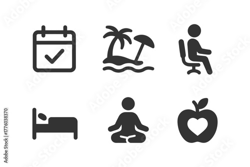 Icon set: calendar, beach, office, bed, meditation, apple.