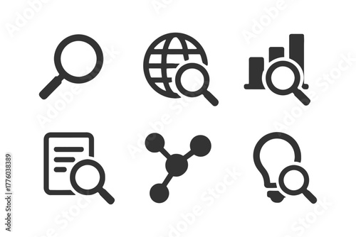 Search and analysis icons featuring globe, chart, document, network, and light bulb.