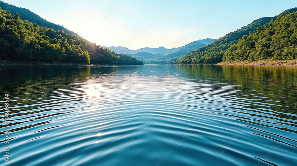 Obraz premium Serene lake reflecting mountains and trees under bright sky, creating peaceful atmosphere