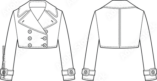 Cropped double breasted jacket technical flat sketch front and back view with collar and cuff details, CAD drawing vector illustration
