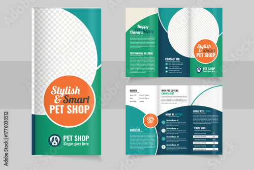 Professional Pet shop design or pet care trifold blue color brochure template. Veterinarian Clinic Brochure Template
