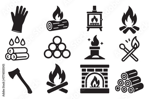 Black and white icons depicting wood fire and fireplace related items