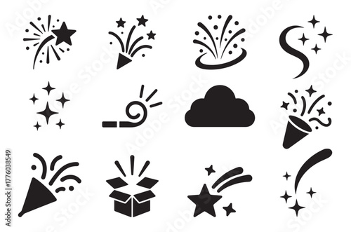 Black and white illustration of various celebration and fireworks icons displayed
