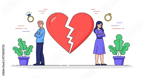 Divorce and separation concept illustration with broken heart editable stock