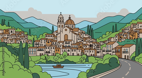 Illustrated italian village scene with church and mountains view editable stock