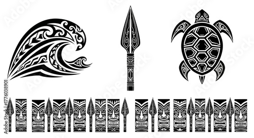 Polynesian tribal vector patterns and symbols including wave, spearhead, and turtle for tattoo and design