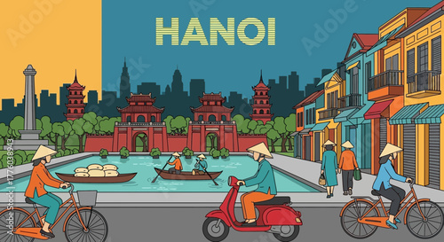 Hanoi vietnam travel illustration cityscape asian culture art editable stock