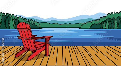 Red adirondack chair on dock overlooking lake summer vacation art editable stock