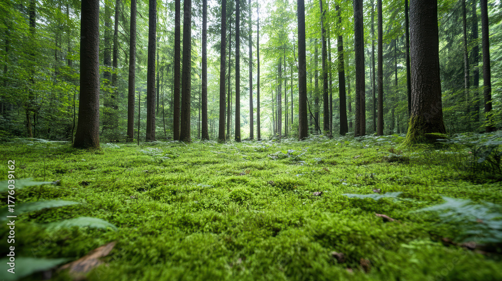 Fototapeta premium Lush forest with tall trees, vibrant green moss, and soft filtered light creates tranquil