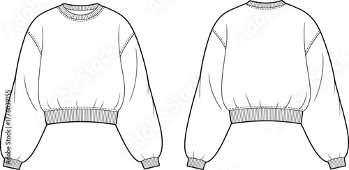 Cropped sweatshirt front and back technical sketch, casual fashion cad drawing, long sleeve pullover flat vector illustration, clothing design template mockup