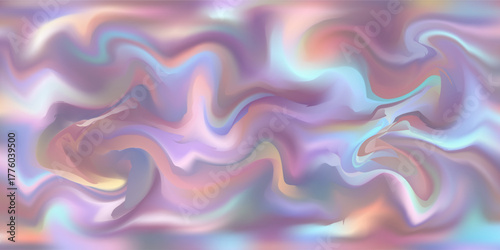 Elegant iridescent holographic backdrop with gentle swirling colors blending lavender, peach, and teal. Luxurious and modern fluid art texture.