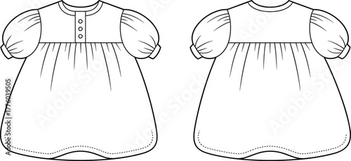 Cute baby dress technical flat sketch, puff sleeve infant outfit design, professional CAD fashion vector illustration for kidswear and apparel designers
