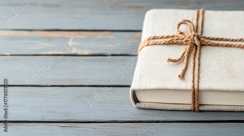 Wrapped book with twine bow rests rustic wooden surface, evoking sense of warmth and nostalgia