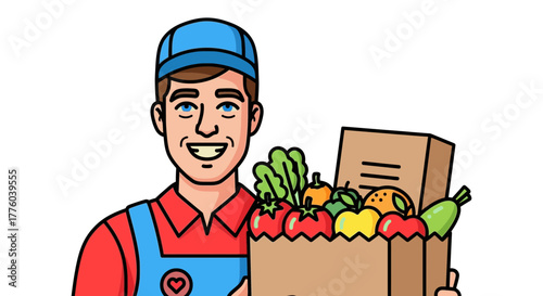 Order grocery delivery service man delivering fresh food vector editable stock