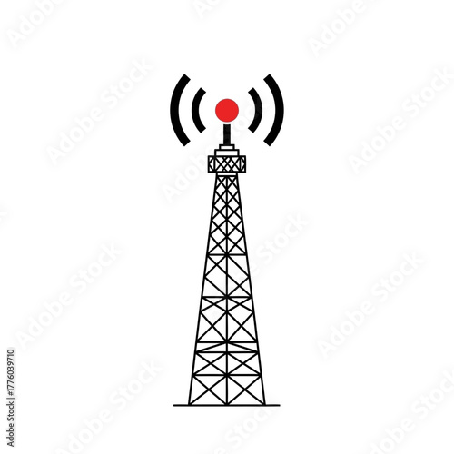 Broadcast Radio Tower with Signal Waves Vector Illustration