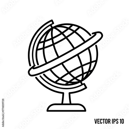 Black Line Art Globe Icon – Simple Vector Illustration of Earth Map on Stand