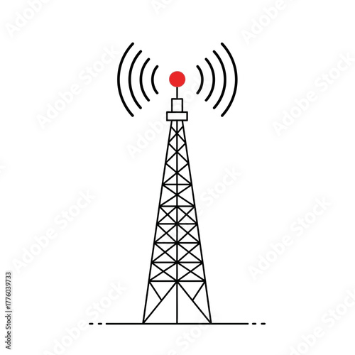 Broadcast Radio Tower with Signal Waves Vector Illustration