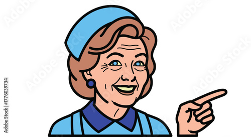 Illustration of a smiling nurse pointing with her right hand editable stock