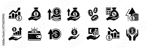 Income, profit, revenue and salary money icon vector set. Contains finance, growth arrow, savings, earnings, cash, bonus, payment, currency, decline chart, accounting, bank, market - illustration