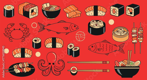 Japanese cuisine sushi ramen seafood vector illustration design editable stock