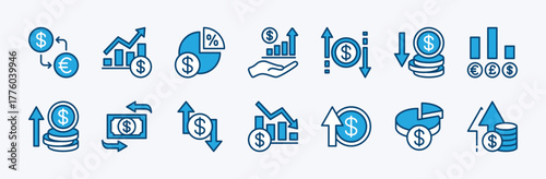 Set of money exchange rate icon. Contains dollar growth chart, financial change, currency circular arrow flow, conversion, transaction, transfer, graph, diagram, income, outcome. Vector illustration